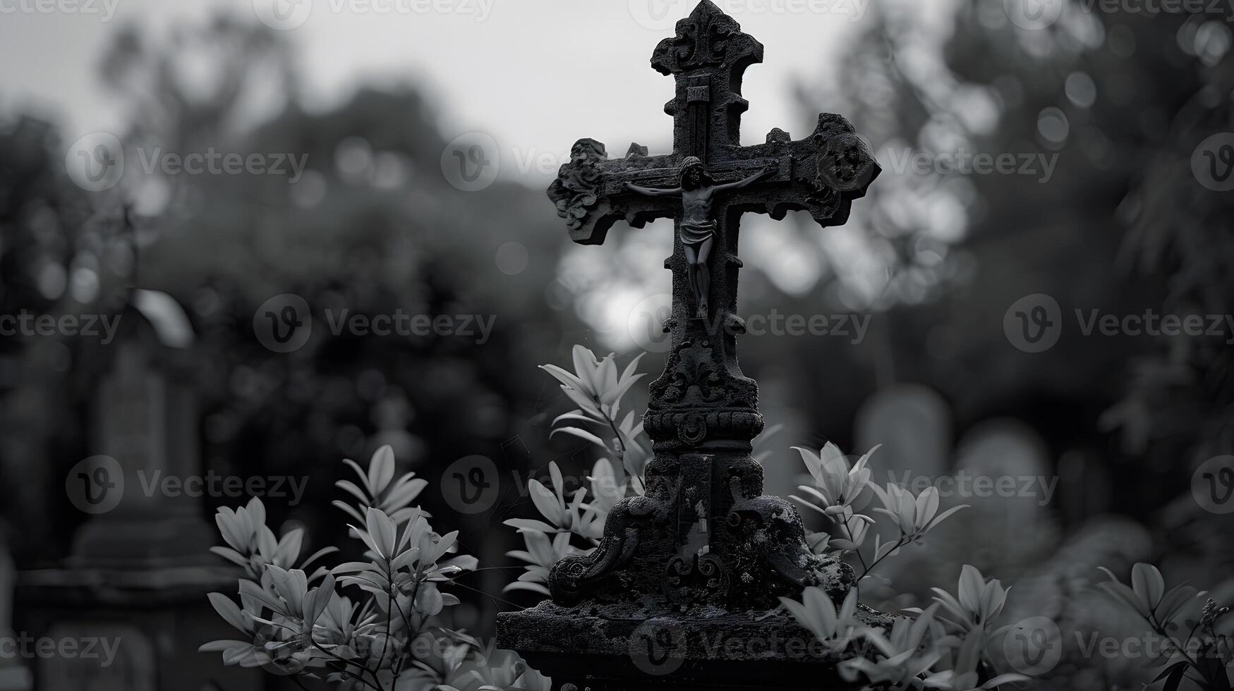Cross in a cemetery, gothic style photo