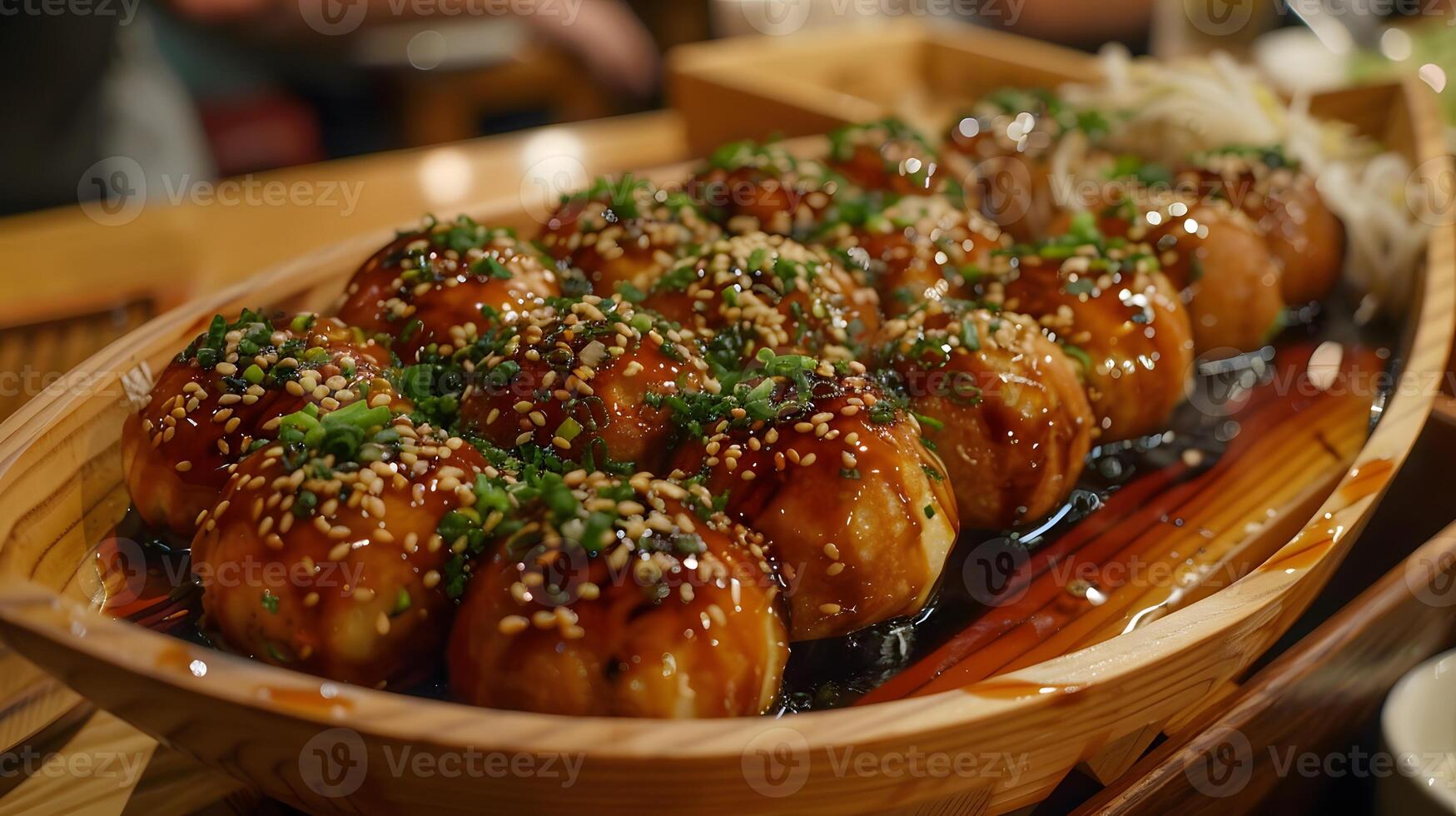 Takoyaki in a wooden boat tray photo