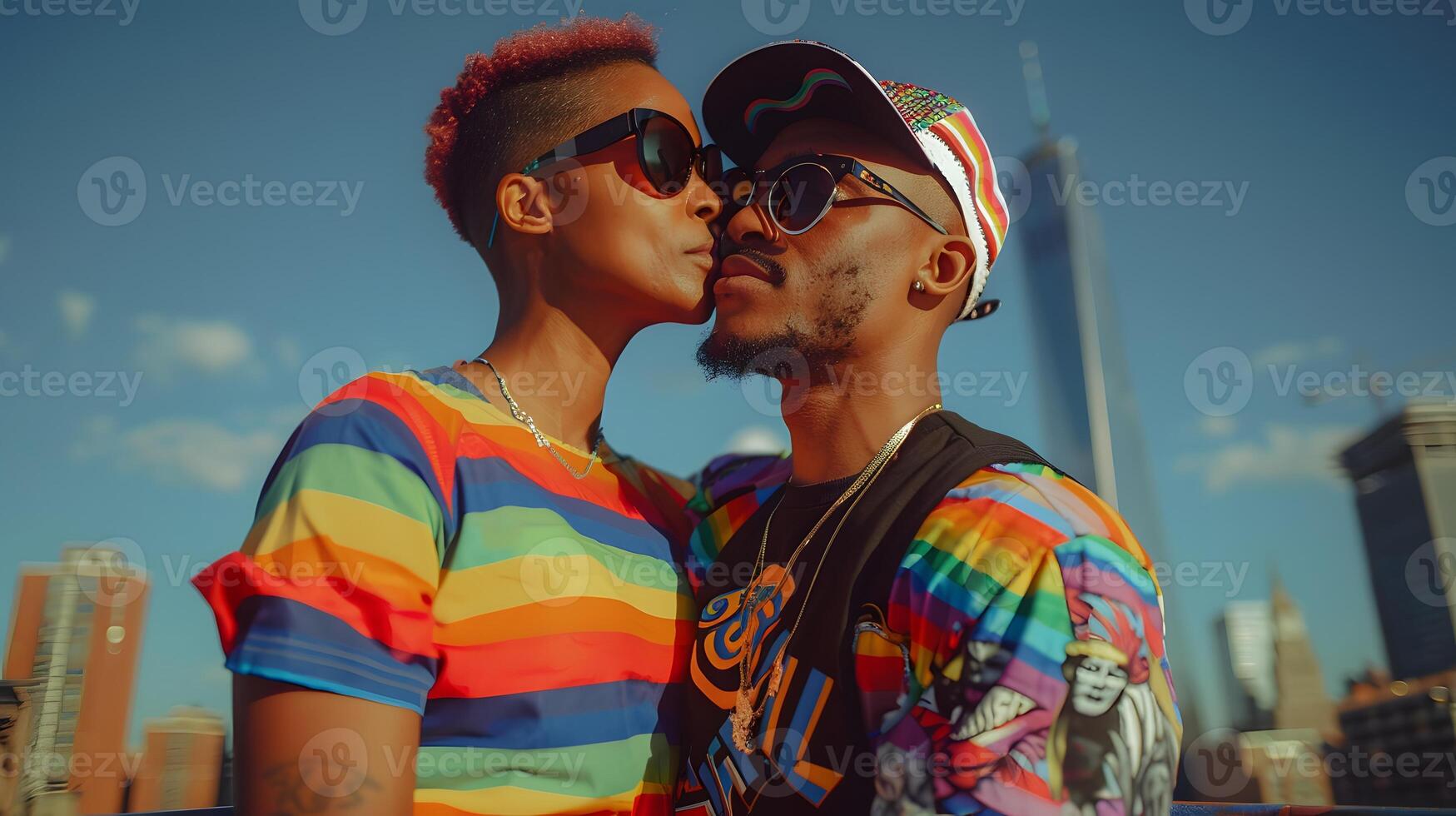 Couple with matching pride outfits, stylish photo