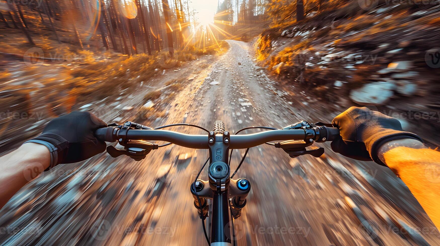 A cyclist riding on a mountain trail , high-action shot photo
