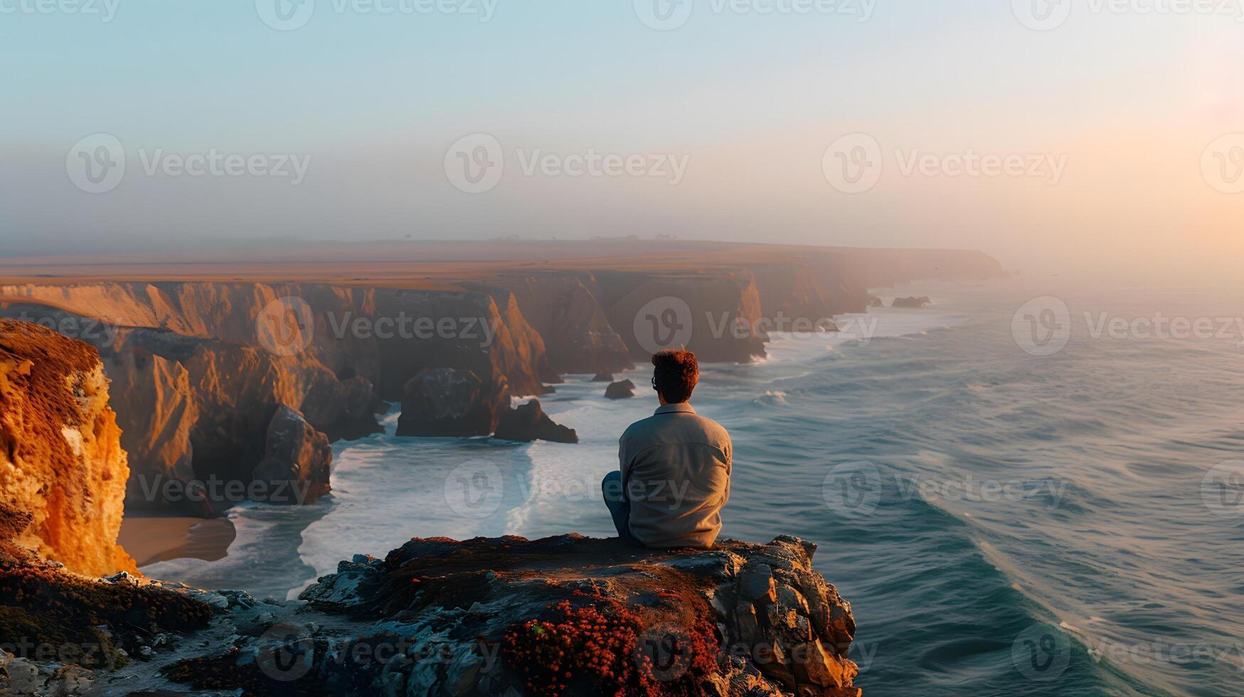 A person sitting on a cliff overlooking the ocean photo