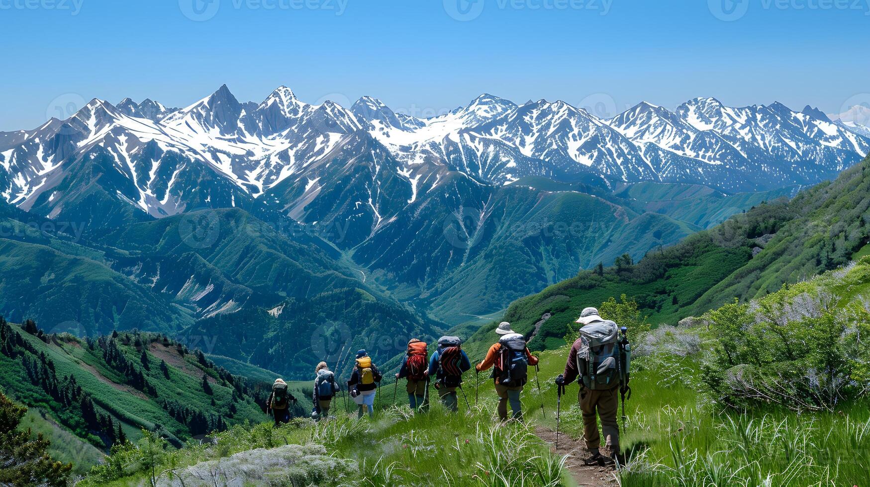 A group hiking in the mountains, adventurous photo