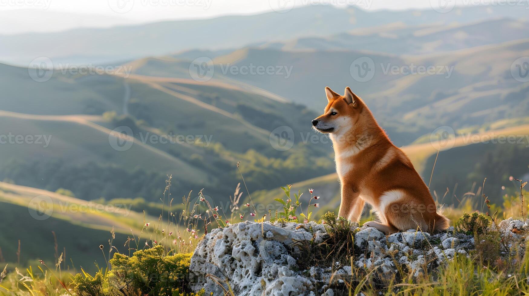 Shiba Inu sitting on a mountain top photo