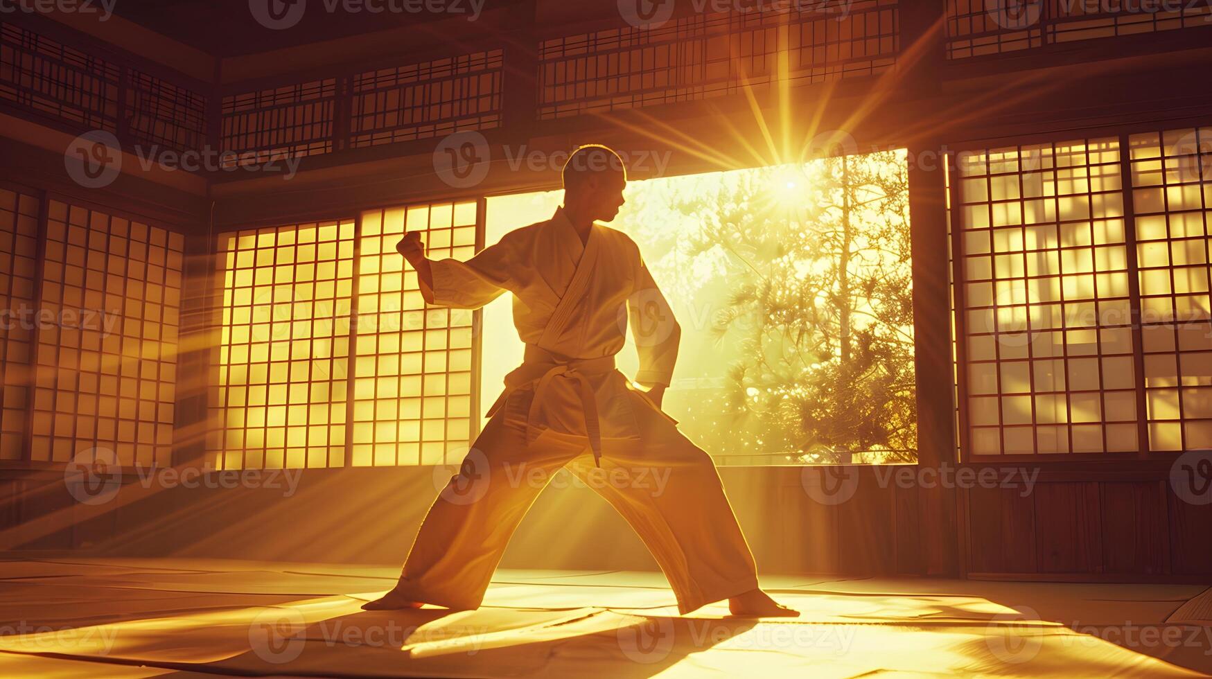 A man practicing martial arts in a dojo photo