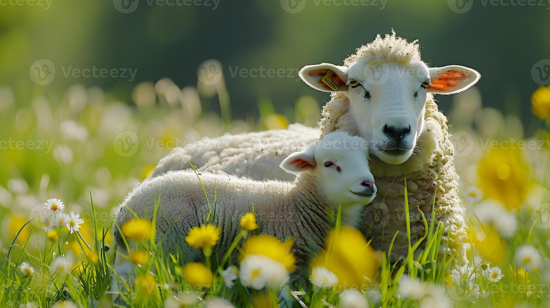A mother sheep with her lamb in a spring meadow photo