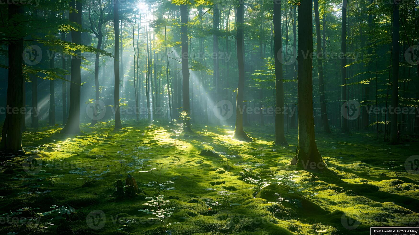 A tranquil forest, sunlight filtering, lush foliage photo