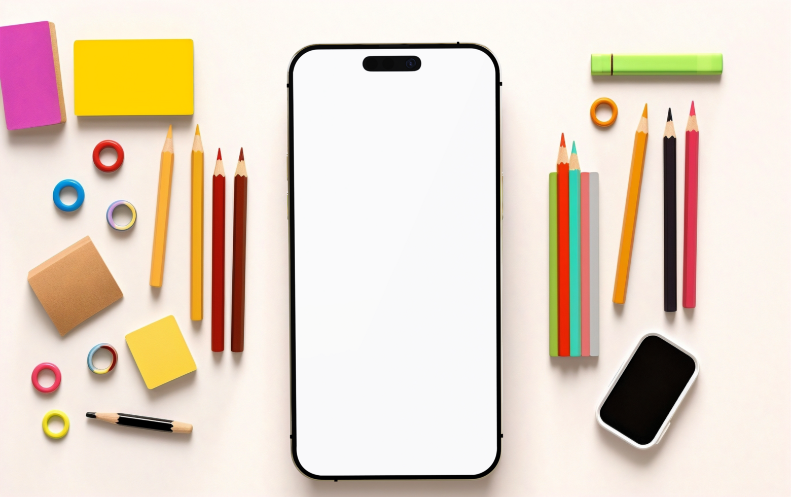 top view of Smartphone mockup with school tools psd