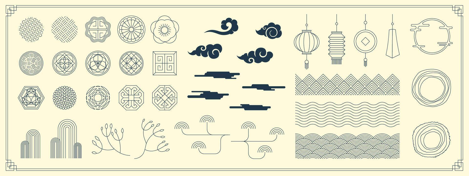 Chinese traditional banner decoration element set. Korean and Japanese decorative pattern and lantern. Asian moon flower and cloud. Oriental folk linear ornament sun shape collection concept for decor vector