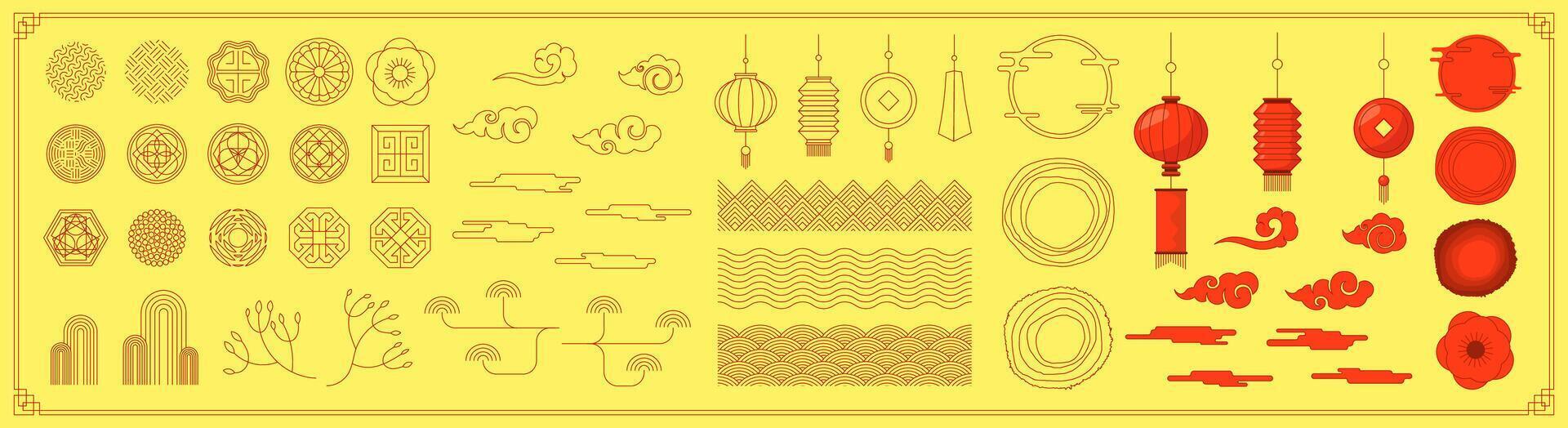 Chinese traditional banner decoration element set. Korean and Japanese decorative pattern and lantern. Asian full moon flower and cloud. Oriental folk linear ornament sun shapes concept for decor. Eps vector