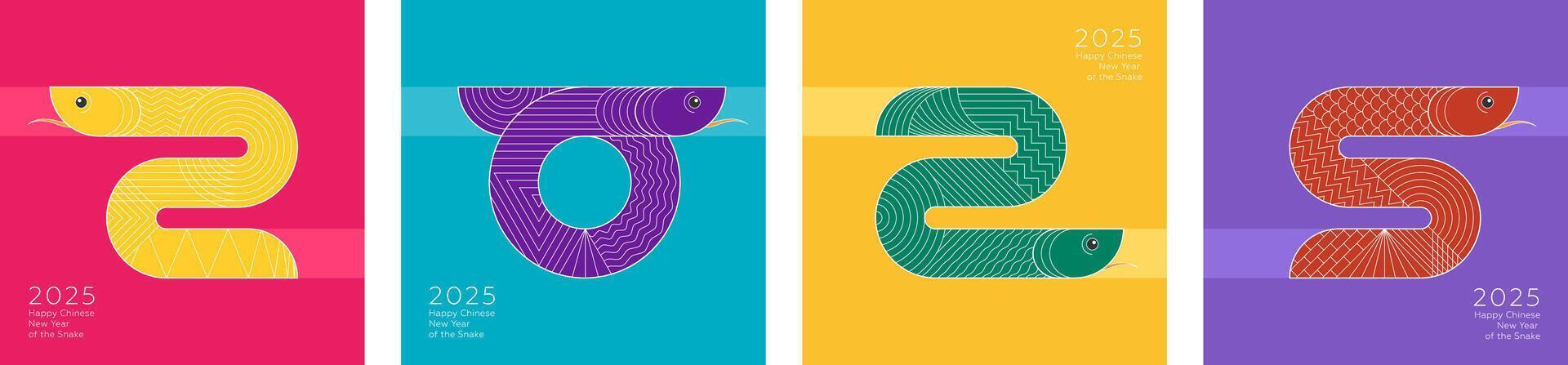 Abstract pattern chinese snake combination 2024 Happy New Year square banners. Colored China zodiac animal serpent set. Graphic asian celebration colorful prints. Modern trendy oriental festival flyer vector