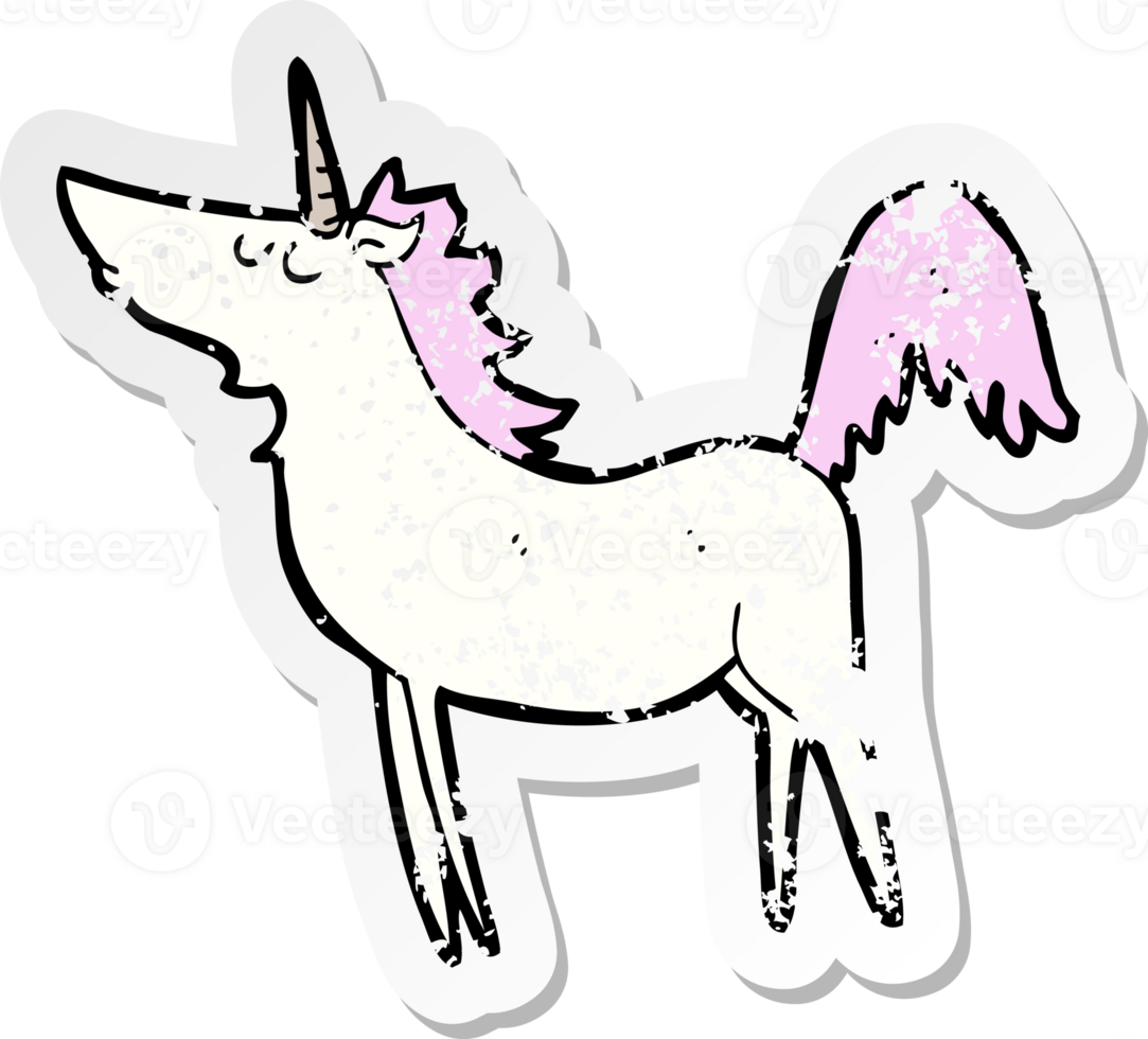 retro distressed sticker of a cartoon unicorn drawing png