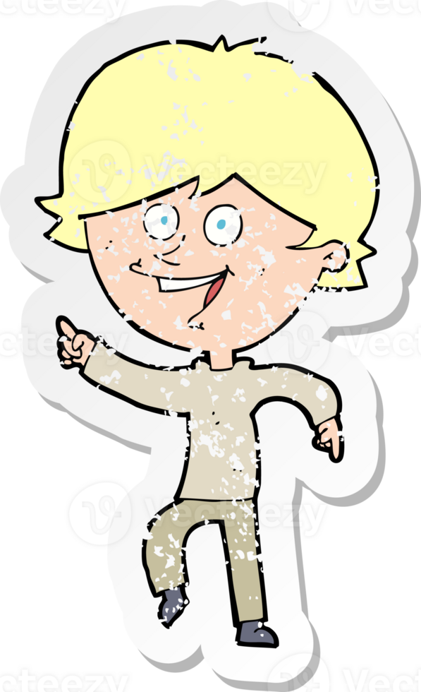 retro distressed sticker of a cartoon happy pointing man drawing png