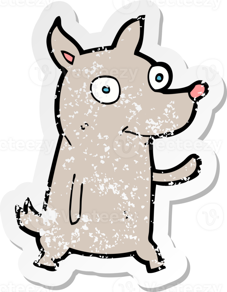 retro distressed sticker of a cartoon little dog waving drawing png