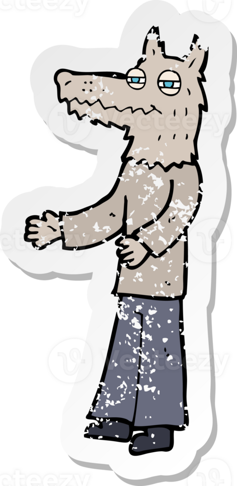 retro distressed sticker of a cartoon wolf man drawing png