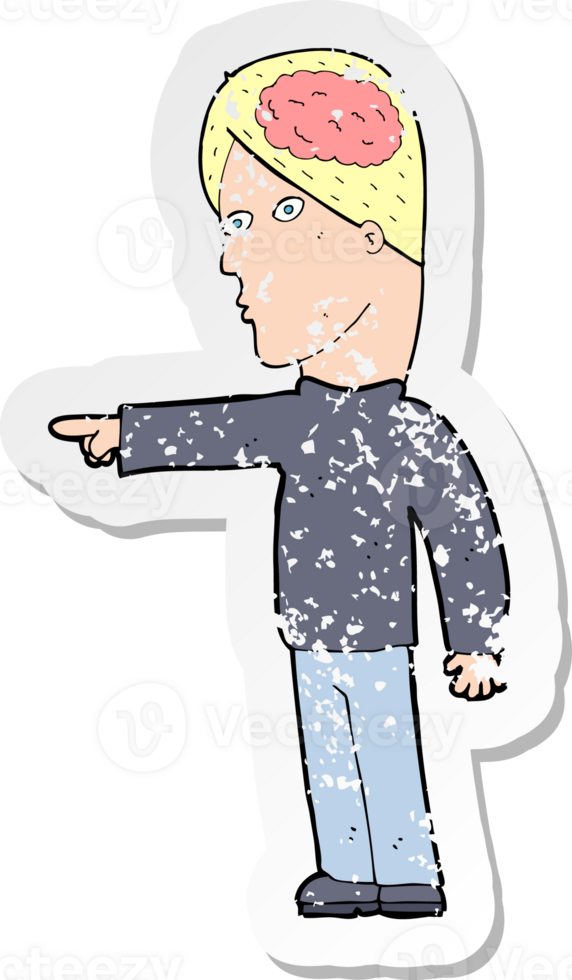 retro distressed sticker of a cartoon clever man pointing drawing png
