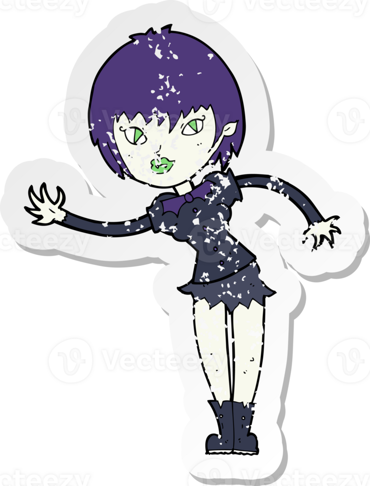 retro distressed sticker of a cartoon vampire girl welcoming drawing png