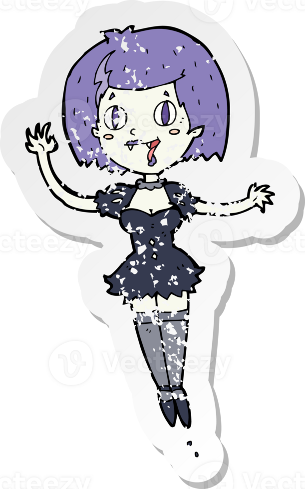 retro distressed sticker of a cartoon happy vampire girl drawing png