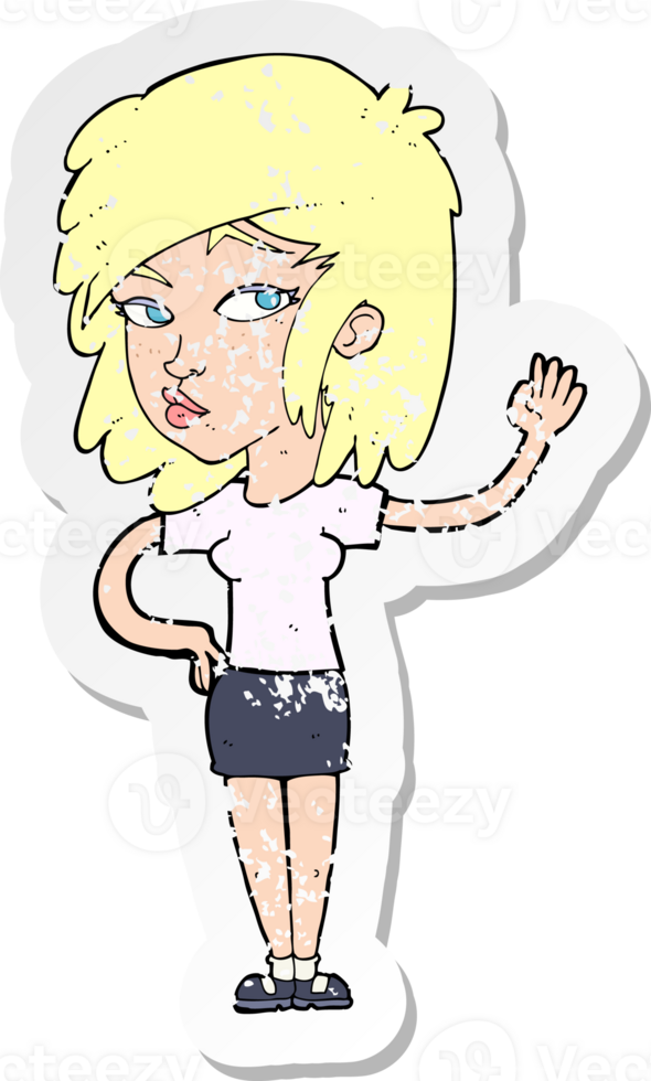 retro distressed sticker of a cartoon pretty woman waving drawing png