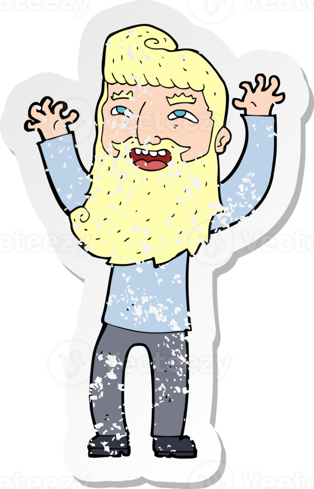 retro distressed sticker of a cartoon happy bearded man waving arms drawing png