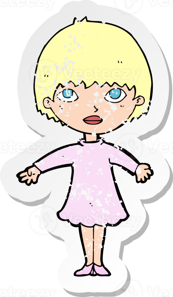 retro distressed sticker of a cartoon woman in dress drawing png