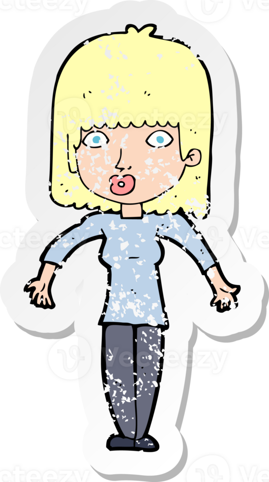 retro distressed sticker of a cartoon woman shrugging drawing png
