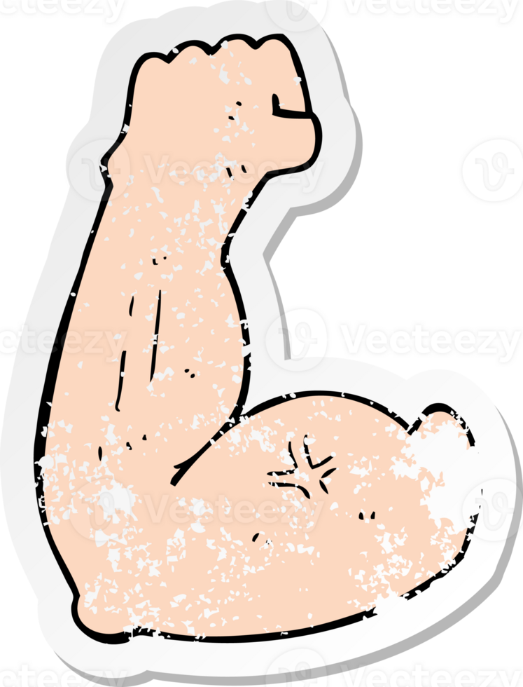 retro distressed sticker of a flexing bicep cartoon drawing png