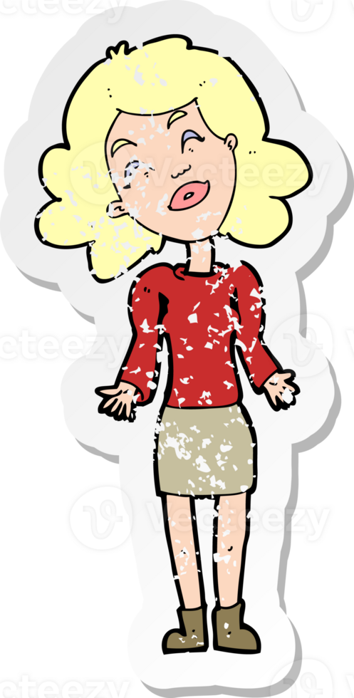 retro distressed sticker of a cartoon woman shrugging shoulders drawing png