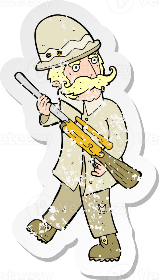 retro distressed sticker of a cartoon big game hunter drawing png