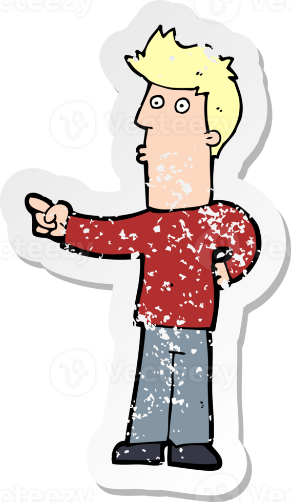 retro distressed sticker of a cartoon man pointing drawing png