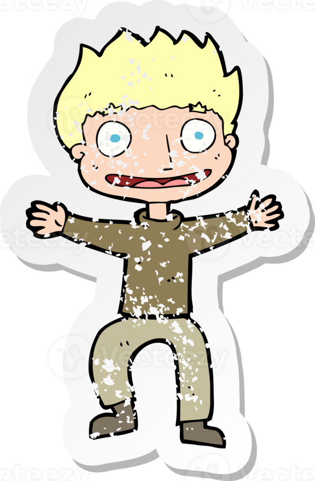 retro distressed sticker of a cartoon grinning boy drawing png