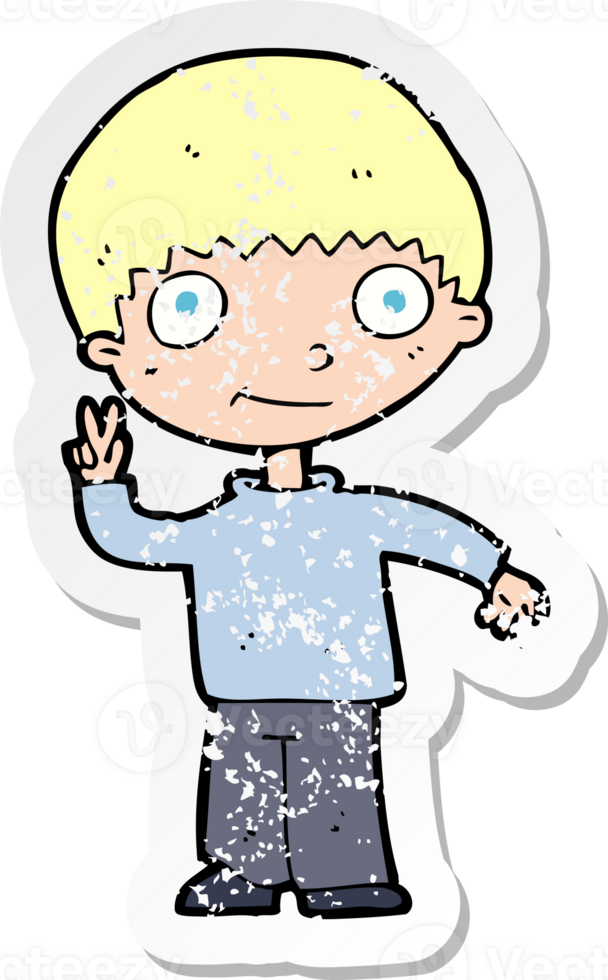 retro distressed sticker of a cartoon boy giving peace sign drawing png