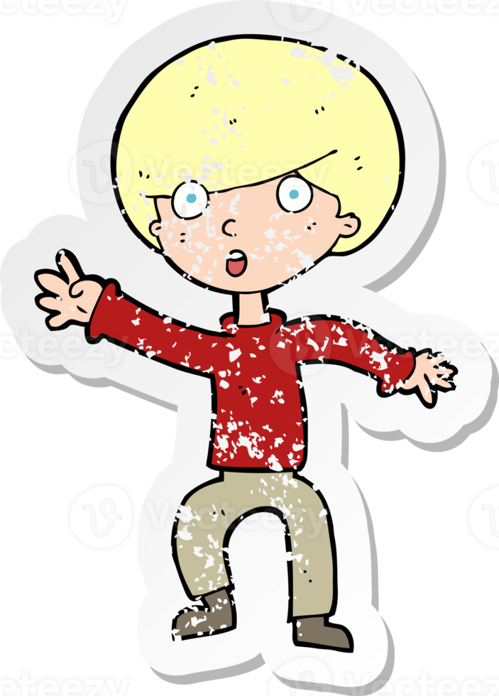 retro distressed sticker of a cartoon panicking boy drawing png