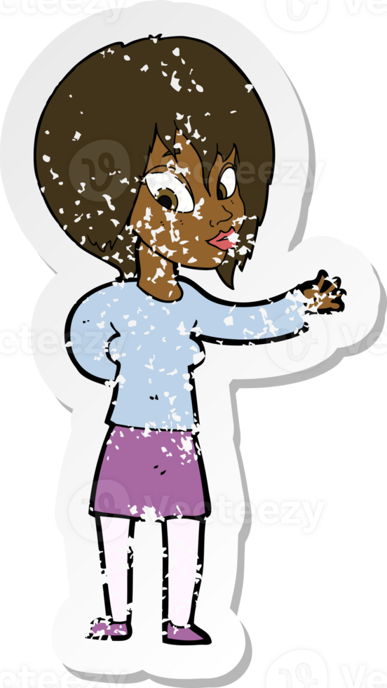 retro distressed sticker of a cartoon woman making welcome gesture drawing png