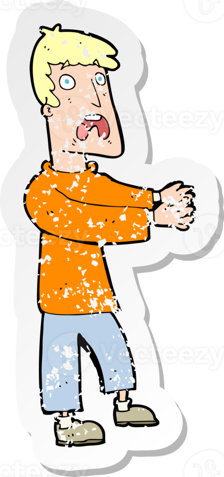 retro distressed sticker of a cartoon terrified man drawing png