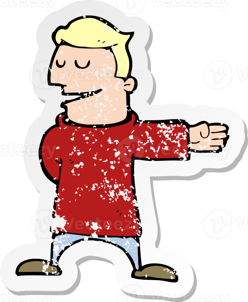 retro distressed sticker of a cartoon man gesturing direction drawing png