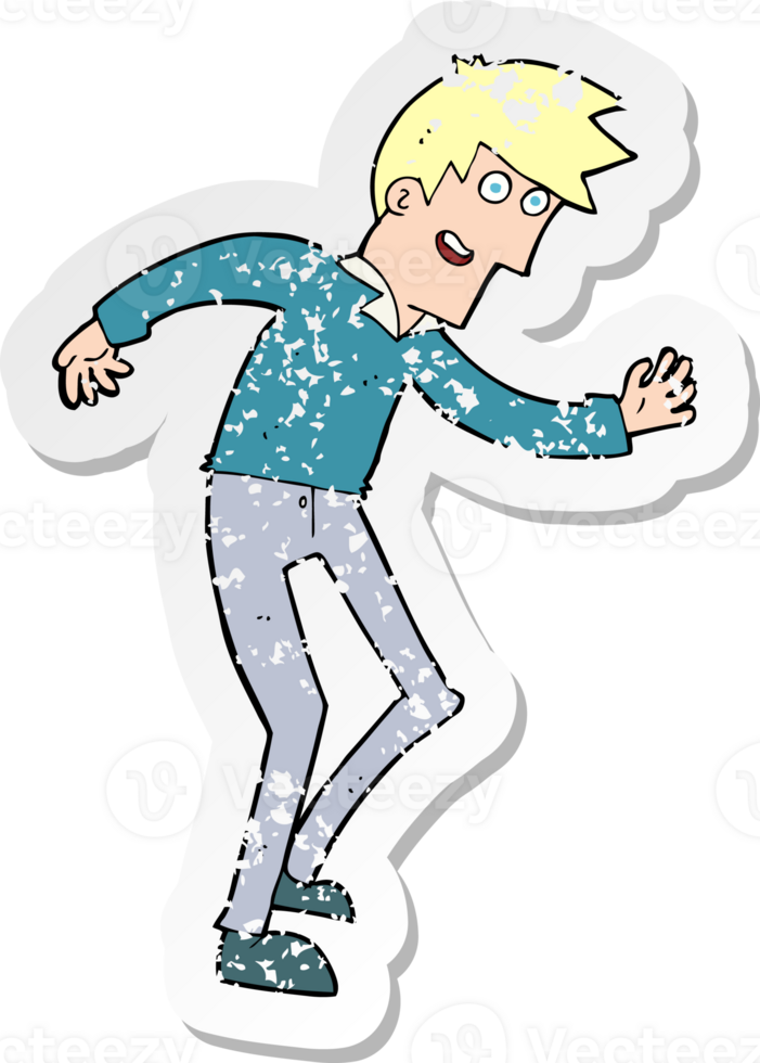 retro distressed sticker of a cartoon happy man dancing drawing png