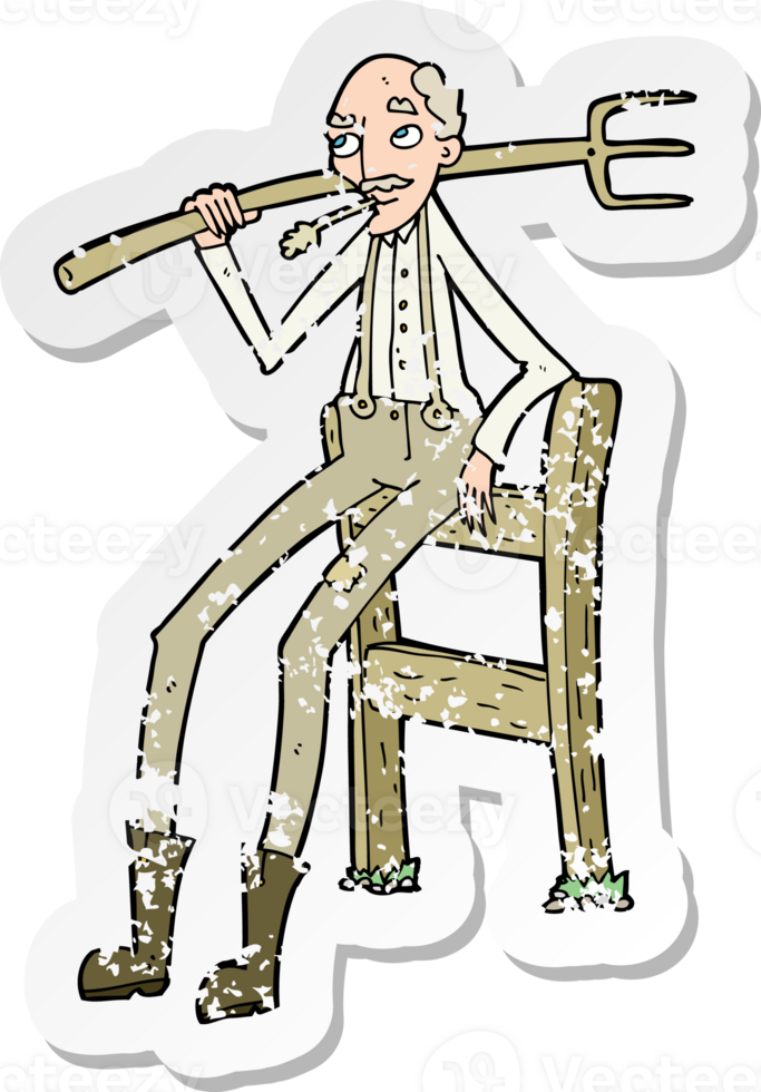 retro distressed sticker of a cartoon old farmer leaning on fence drawing png