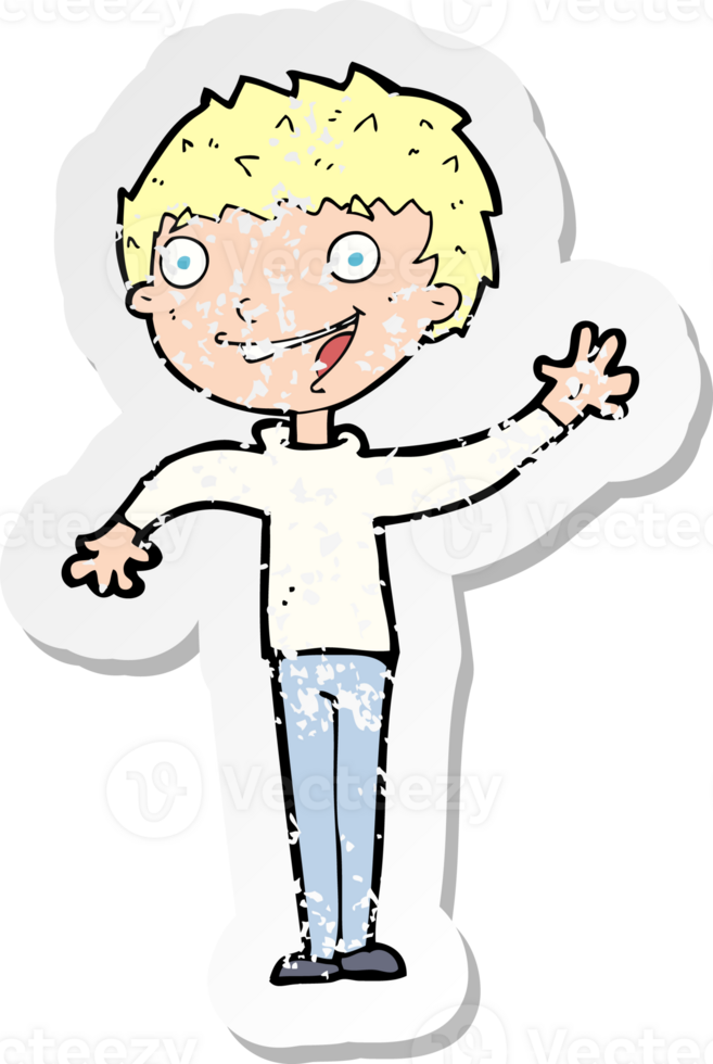 retro distressed sticker of a cartoon happy boy waving drawing png