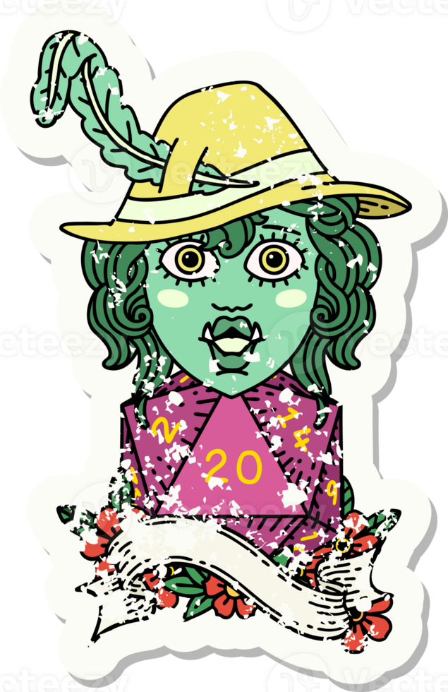 grunge sticker of a singing half orc bard with natural twenty dice roll drawing png