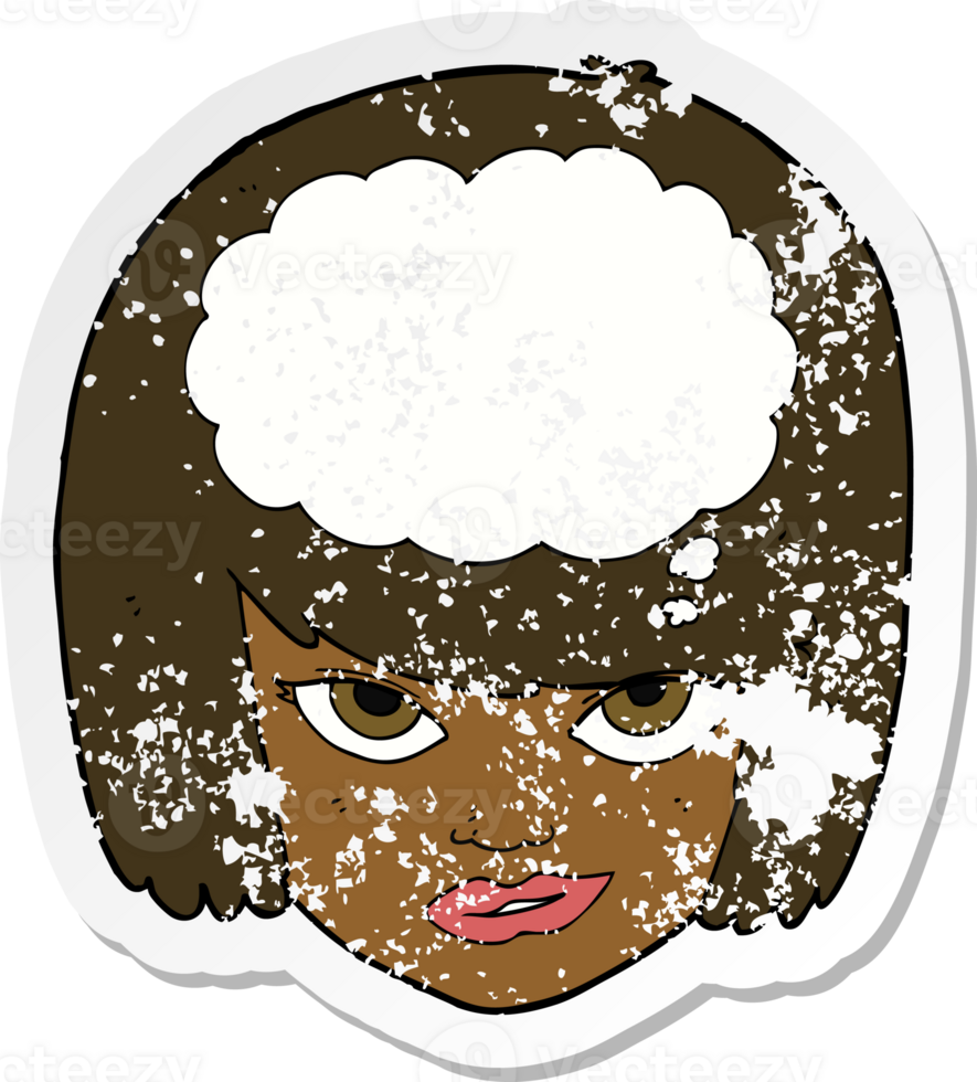 retro distressed sticker of a cartoon woman thinking drawing png