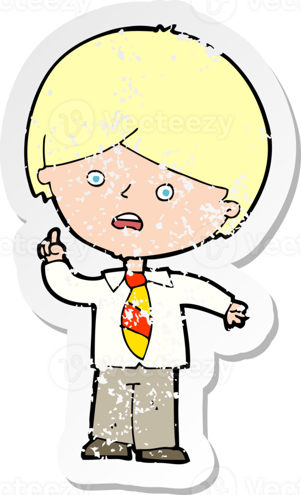 retro distressed sticker of a cartoon worried school boy raising hand drawing png