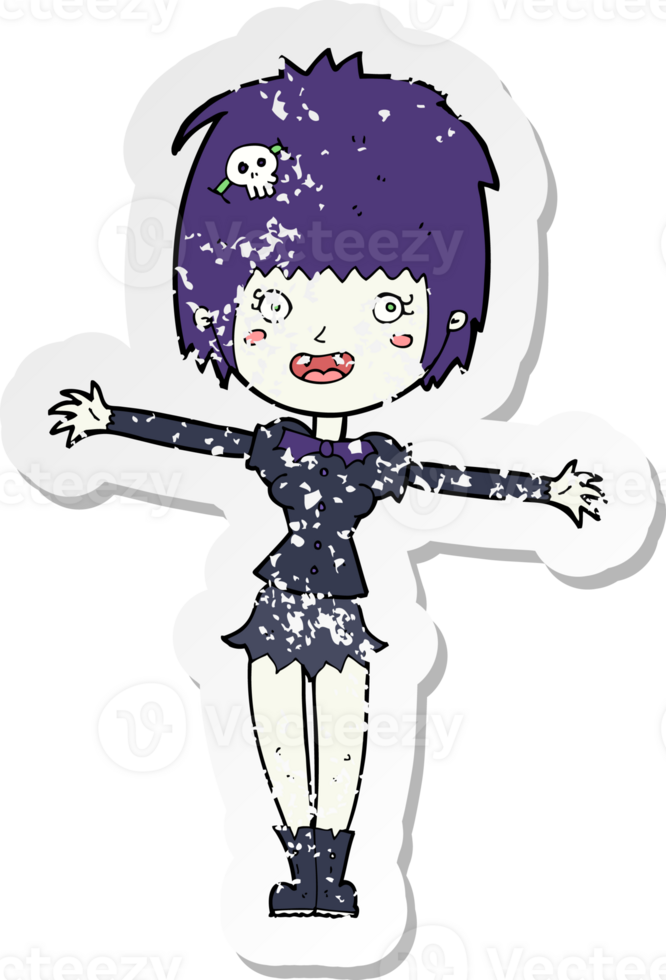 retro distressed sticker of a cartoon happy vampire girl drawing png