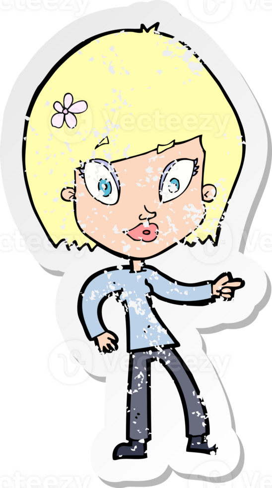 retro distressed sticker of a cartoon pretty woman pointing drawing png