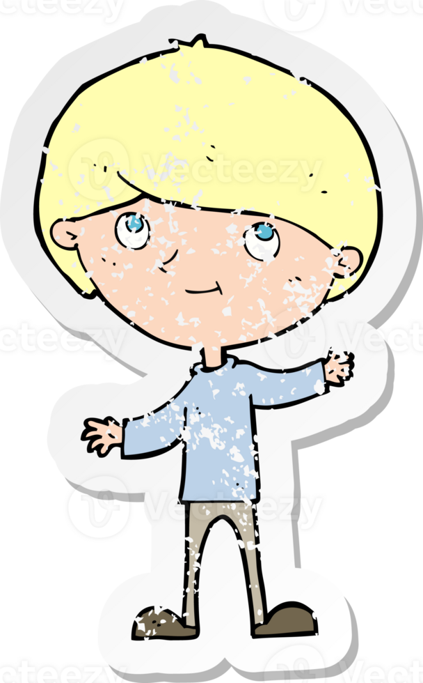 retro distressed sticker of a cartoon happy boy drawing png