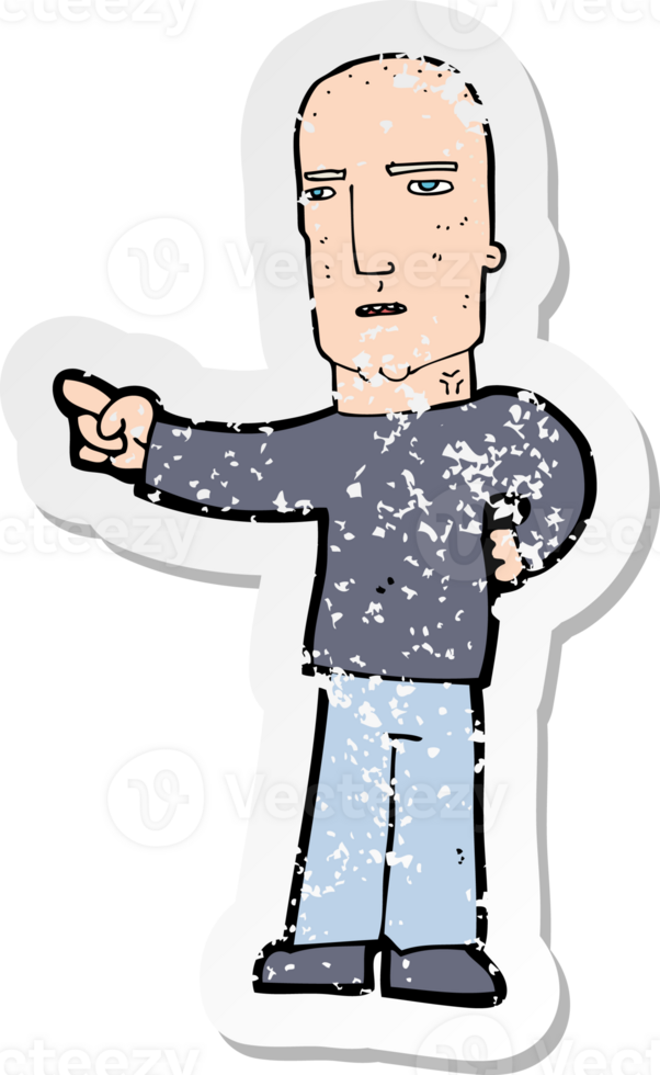 retro distressed sticker of a cartoon tough guy pointing drawing png