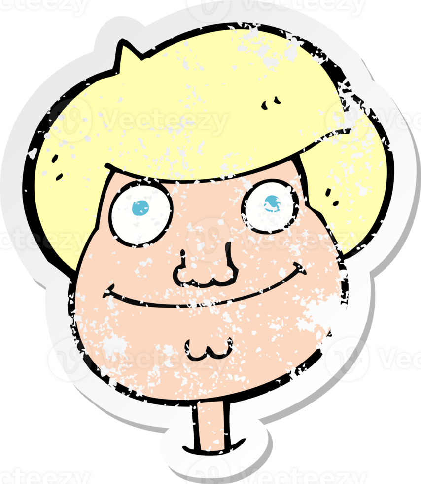 retro distressed sticker of a cartoon happy boys face drawing png