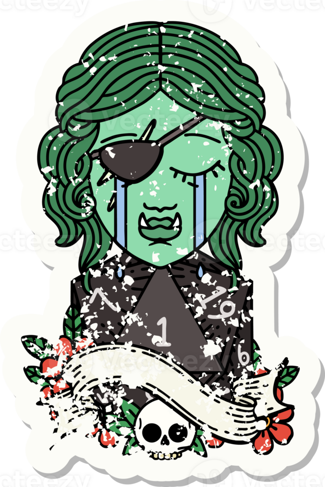 grunge sticker of a crying orc rogue character face with natural one D20 roll drawing png