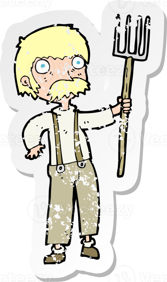 retro distressed sticker of a cartoon farmer with pitchfork drawing png