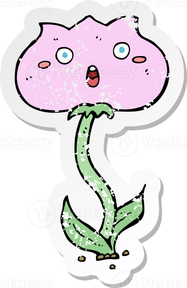 retro distressed sticker of a cartoon shocked flower drawing png