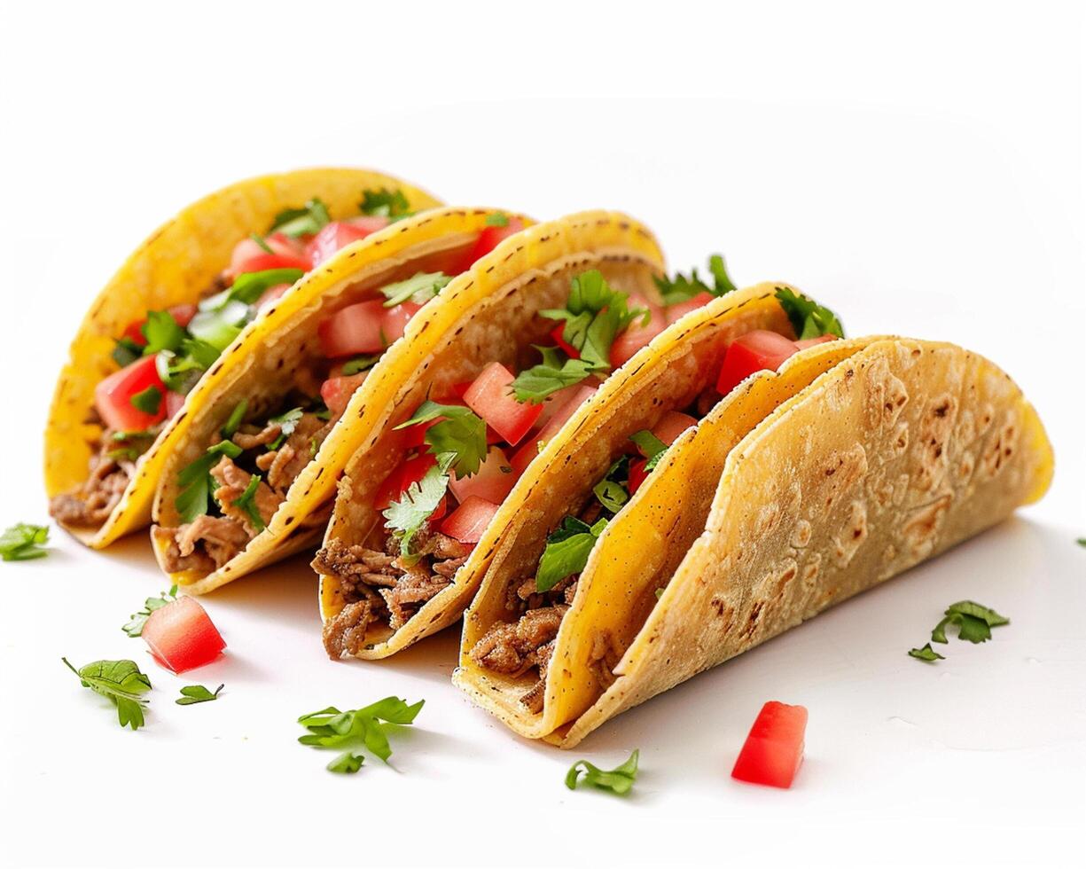 Three tacos with meat and vegetables on a white surface photo